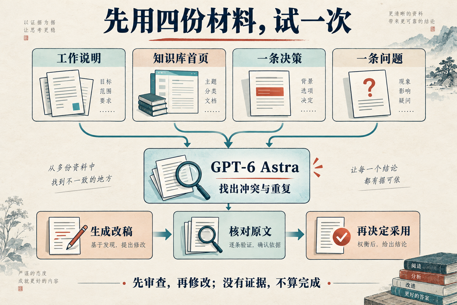 四份材料交给 GPT-6 Astra,找出冲突与重复,再生成改稿、核对原文和决定采用