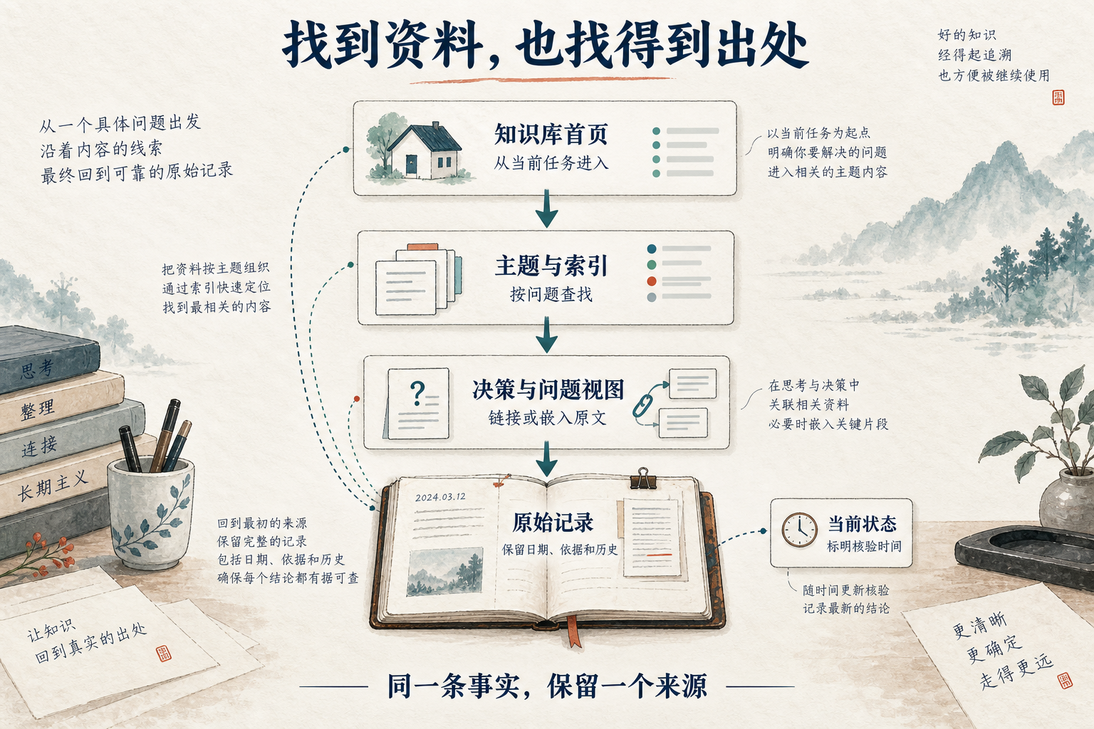 知识库首页经过主题和视图指向原始记录,当前状态单独注明核验时间