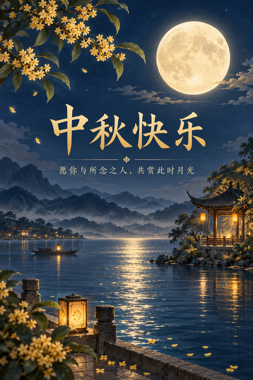 中秋快乐：桂花、明月与湖畔夜色